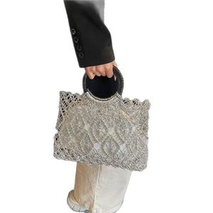 Bolso Tejido Cuadrado Dorado y Plateado de Moda, Nuevo Bolso Tote Hueco para Vacaciones en la Playa, Bolso Casual de Playa - Product Image 5