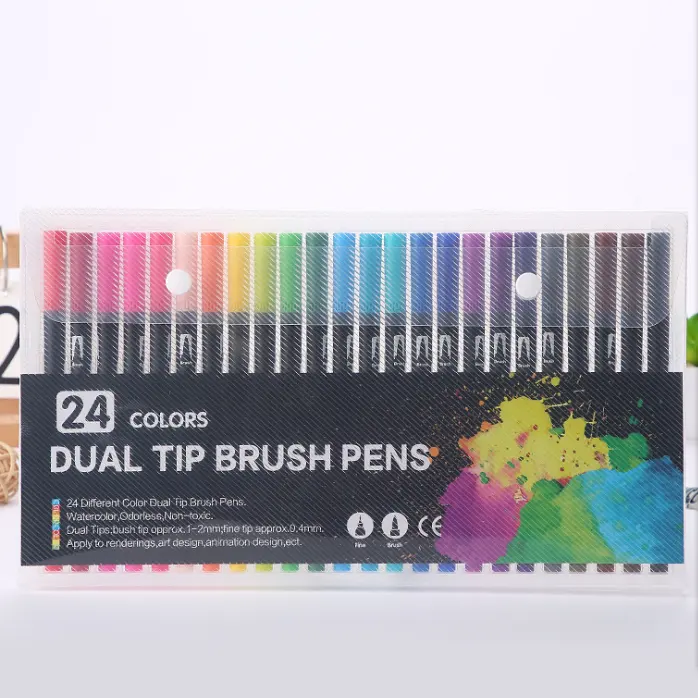 24 ألوان البلاستيك PVC حقيبة حزمة مزدوجة رئيس قلم (ماركر) بسن مشطوف القلم ، فرشاة ألوان مائية طرف وغرامة تلميح