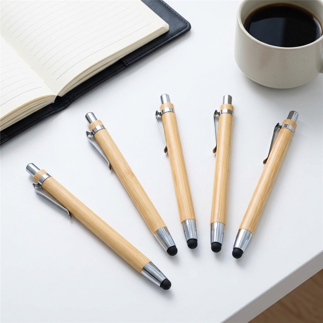 Customized Eco-Friendly Retractable Bamboo Stylus Pen, Click 1.0mm Black Ink 2-in-1 Touch Screen Ballpoint Pen for Office Gift