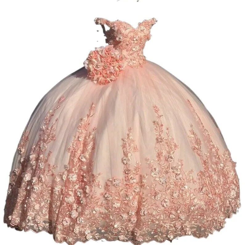 Charmante robe de bal rose robes de Quinceanera dentelle appliques perles douces 15 16 robes épaules dénudées
