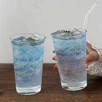 Tasse à café isotherme en verre avec paille, mug portable pour Americano glacé, boissons froides et lait, motif lettres bleues