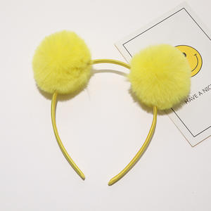 Diadema de peluche de conejo de piel sintética para niños, tocado bonito y dulce, Bola de pelo de Color caramelo, bandas para el pelo con pompón rosa y negro para niños - Product Image 3