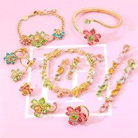 Parure de bijoux en zircon coloré pour femme, motif floral, collier, boucles d'oreilles et bague, cadeau de mariage en gros