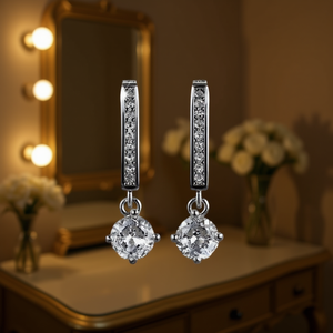 Orecchini Pendenti Classici da Donna Placcati in Rodio con Zirconi Taglio Brillante Rotondo, Montatura a Canale in Lega, Gioielli alla Moda per Feste - Product Image 2