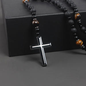 SEPT New Natural Stone 8MM Beads Unisex Men Cross Pendant Necklace With Tiger Eye Beaded Religious <strong>Rosary</strong> Necklaces Jewelry - Product Image 6