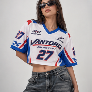 Custom Racing <b>Y2K</b> Crop Sport Jersey <b>Shirts</b> V Neck Contrast Rib Collar Mesh Fabric Sublimation Print Women Short Sleeve Top - Product Image 1