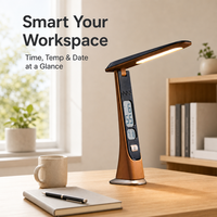 Lampe de bureau LED à effet bois avec horloge LCD, calendrier, température, pliable, rechargeable, à intensité variable, pour la protection des yeux, lampe de chevet