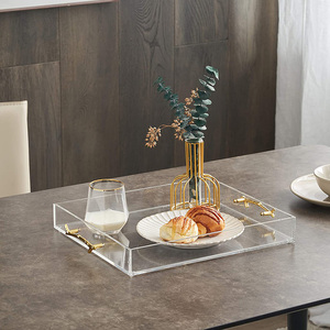 <span class=keywords><strong>Plateau</strong></span> <span class=keywords><strong>rond</strong></span> Transparent en Lucite personnalisé en usine, <span class=keywords><strong>plateau</strong></span> de service en acrylique Transparent avec poignées en métal doré - Product Image 4