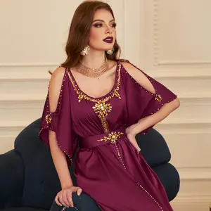 Wholesale Hot Manufacturer Middle Eastern Party Dress Cold Shoulder Lace Diamond Moroccan Caftan Dubai Jalabiya Abaya