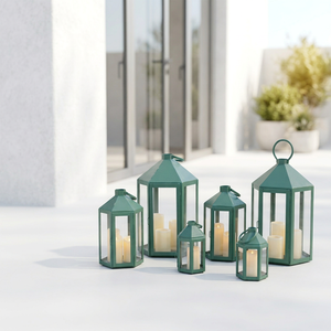 Lanterne à bougie en métal patiné vert hexagonal simple pour la décoration de la maison et du patio - Product Image 4