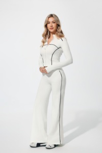 Set Yoga da Donna 2 Pezzi Bianco con Pantaloni Lunghi, Chiusura a Cerniera, Bordatura a Contrasto, Elasticizzato, Tinta Unita, Vita Alta - Product Image 5
