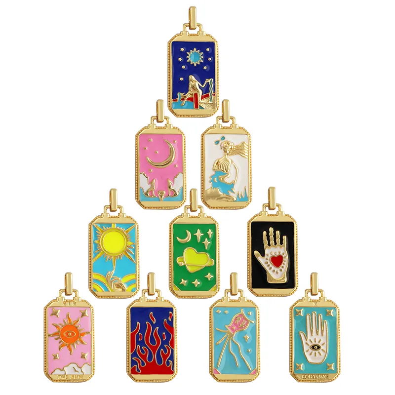 Kartu Tarot Enamel liontin tangan hati mata iblis bulan bintang matahari, aksesori perhiasan gelang berlapis emas 18K baru