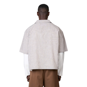 Custom OEM Boxy Cropped <strong>Short</strong> <strong>Sleeve</strong> Button up <strong>Men</strong> Plaid <strong>Shirts</strong> <strong>Check</strong> Turn Down Collar Letter Printed Cotton <strong>Men</strong> <strong>Shirt</strong> - Product Image 2