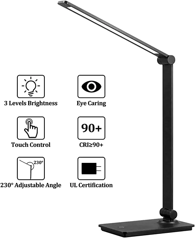 Lampe de bureau LED noire, lampe de table à commande tactile à 3 niveaux de luminosité, lampe de bureau pliable à bras réglable