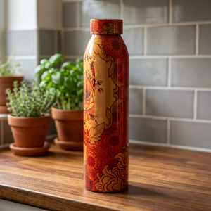 Thermos en métal au design oriental, bouteille de voyage portable, motif rouge et or - Product Image 2