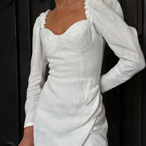 Abito Corto <span class=keywords><strong>Bianco</strong></span> Vintage in Cotone 100% Tessuto Primavera Estate 2026 con Maniche a Bolla, Vita Impero, Vestibilità Slim e Spacco - Product Image 4