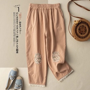 Women's Ethnic Style Embroidered Cotton Linen Harem Pants High Waist Loose Casual Cropped Summer Breathable Blue - Product Image 2