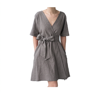 Vestido Cruzado de Lino para Mujer, Vestido Mini de Manga Corta con Cinturón, Ropa Informal de Verano, Lino Natural Ligero - Product Image 3