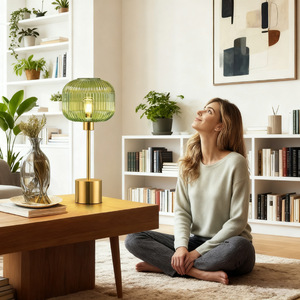 Modern Brass <b>Table</b> Lamp Green Ribbed Glass Shade Touch Control Dimmable LED Bedside Desk Lighting - Product Image 4