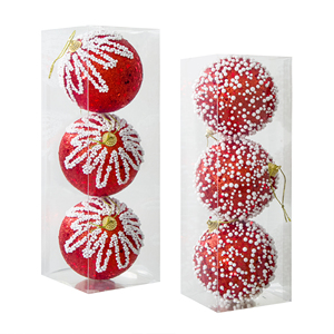 Boules de Noël de luxe en plastique rouge incassable de 8 cm, 3 pièces, avec des accents de perles blanches - Product Image 1