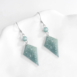 Natural <b>emerald</b> blue water ancient-style hollowed-out ancient pattern earrings, S925 silver set with ice-grade jadeite - Product Image 2