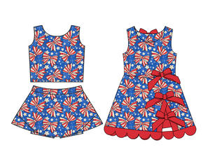 Vestido deportivo informal de verano para niñas con lazo y estrellas del 4 de julio, corte en A, borde festoneado, pantalones cortos y vestido de yoga. - Product Image 6