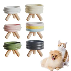 Colorful Cat Dog Elevated Bowl Ceramic Pet Food Water Bowl with Wood Stand
