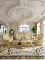Ensemble de canapés en cuir couleur champagne, style européen, en teck massif sculpté, avec joints à mortaise et tenon, pour villas et grands salons