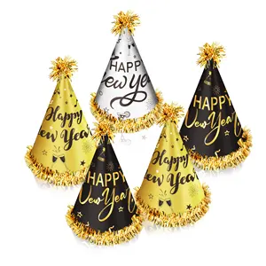 Huancai 6 PCS Happy New Year Party Hats Black Gold Paper Cone Hat with Tassel Kids Adults for 2024 New Years Eve Party Supplies