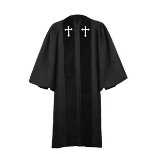 Custom Matte Black Wesley Style Cross Clergy Robes Choir Robes with Velvet Panels