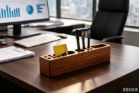 Boîte de rangement de bureau en bois avec 3 compartiments de rangement, plateau porte-stylos
