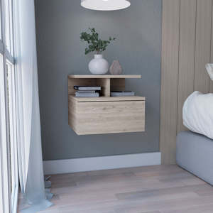 Mesita de Noche Flotante 12H, Montada en la Pared, con un Cajón y Estante de 2 Niveles, Color Gris Claro - Product Image 1