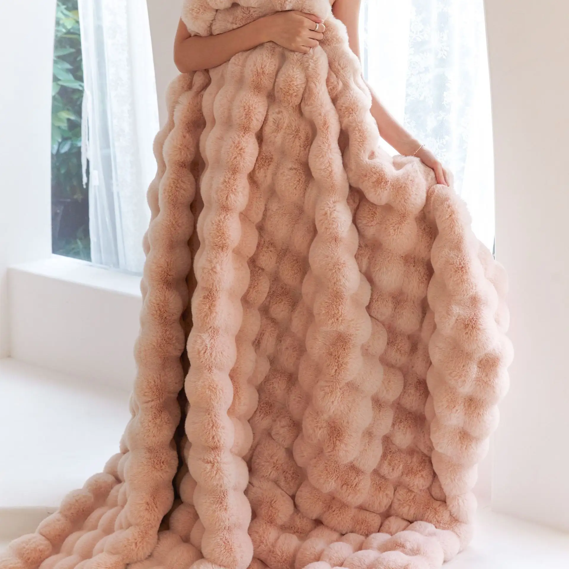 Super Soft premium Rex Rabbit Fleece Cozy Plush bubble blanket for Couch Sofa Bed Chair Luxury Faux Bubble Fur Blanket