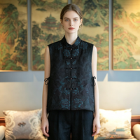 Nouveau Gilet Asymétrique Amincissant en Soie Xiangyun Noire Polyvalent Style Chinois Décontracté pour Femme 7646