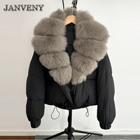 JANVENY 2024 Manteau Doudoune d'Hiver Super Grande avec Capuche en Vraie Fourrure de Renard Naturelle pour Femme, Épais Chaud Lâche en Duvet de Canard Blanc, Veste Courte