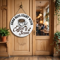 Décoration de café personnalisée en bois de style rustique, artisanat en bois, plaque signalétique circulaire, plaque signalétique créative en forme de tasse à café