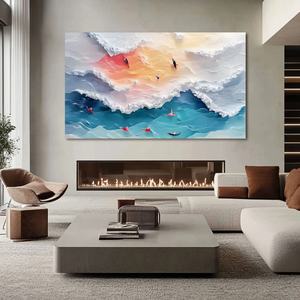 Pintura al Óleo Texturizada Contemporánea, Paisaje Marino Horizontal, Olas Coloridas, Arte Texturizado Minimalista para el Hogar y la Galería - Product Image 6