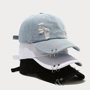 Trendy Retro Street Fashion Hip Hop Baseball Cap Women Metal Ring Distressed Denim Men Sports <b>Hat</b> - Product Image 1