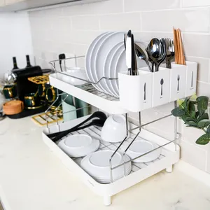 Dish Drying Rack For Kitchen Counter Rust-Proof 2-Tier With Drying Board And Utensil Holder For Kitchen Counter Cabinet