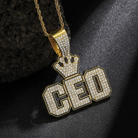 Collier Pendentif Lettre CEO Couronne Entièrement Sertie de Cristaux CZ Bling Bling Style Hip Hop Européen et Américain, Bijou Rapper, Cadeau pour Hommes, Vente en Gros