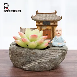 ROOGO Rustic Miniature Zen Garden Planter Succulent,Cactus,Bonsai,Herb Pots With Monk Statue HouseWarming Gifts