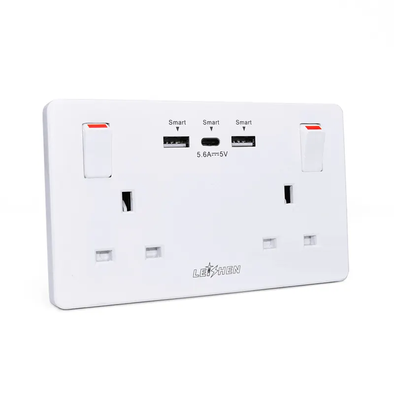 Nuevo accesorio eléctrico de pared para el Reino Unido, conector USB estándar BS, 13A, 2 entradas, enchufe conmutado, doble USB tipo C