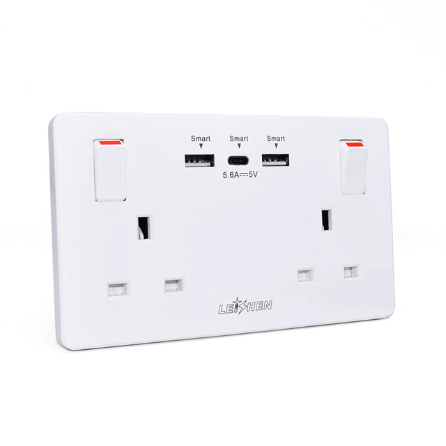 New Wall Electrical Accessory UK Standard BS Types Wall Socket with USB 13A 2 Gang Switched Socket Dual USB Type C Outlet