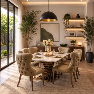 Ensemble de table à manger en marbre crème moderne de qualité supérieure, six chaises rembourrées matelassées pour meubles de restaurant, villa élégante, hôtel - Product Image 1