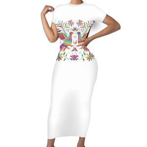 मेक्सिकन कढ़ाई डिजाइन लोक कला कपड़े ओटोमी पक्षी कपड़े के ऊपर मुद्रित अनुकूलित लघु आस्तीन बॉडीकॉन पोशाक पर - Product Image 3