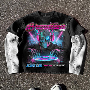 Özel boy taklidi ekran baskı <span class=keywords><strong>T</strong></span>-Shirt Vintage pamuk erkekler çift katmanlı uzun kollu nakış sıkıntılı yırtık <span class=keywords><strong>T</strong></span> Shirt - Product Image 1