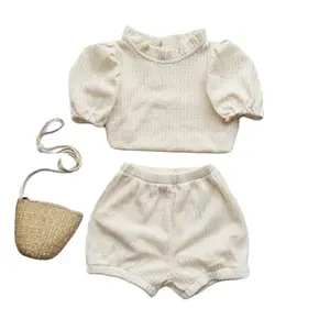 2024 Summer Baby Girls Soft Waffle Clothing Set Toddler Girls Puff Sleeve Tops And Short Pants Kids Clothes Set
