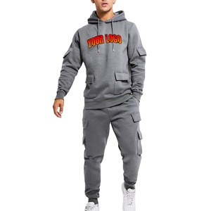 Ensemble de survêtement décontracté gris en molleton pour homme avec sweat à capuche et pantalon cargo à poches, style streetwear, coupe oversize avec pantalon de jogging – Vente en gros - Product Image 1