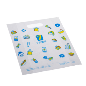 Biodegradable custom design logo shopping packaging die-cutting bag commodity handle plastic bag strap