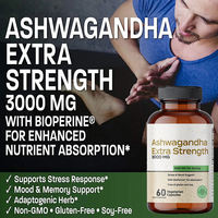 Capsules d'Ashwagandha extra forte 3000 mg par dose, 120 unités, testées en laboratoire, sans OGM, complément alimentaire en marque privée